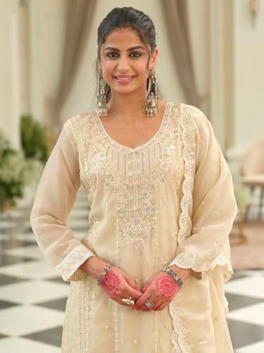 Image of INDO ERA Women's Silk Blend Floral Embroidered Straight Kurta & Pant With Dupatta Set (IEOUT12442)