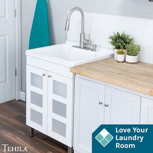 Image of Utility Sink with White Vanity Cabinet by JS Jackson Supplies, Stainless High-Arc Pull-Down Sprayer Faucet, Soap Dispenser and Spacious Vanity for Laundry Room