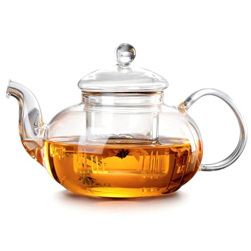 DxxD Tetera Cristal con Infusor, 1000ml Tetera de Vidrio Transparente con Colador Extraíble, para Té de Hojas Sueltas, Hierbas, Frutas y Café, para Estufa y Gas