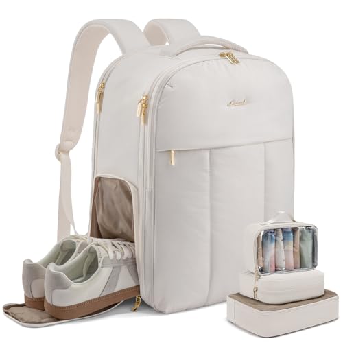 LOVEVOOK Travel Backpack for Women with Shoe Compartment, Puffer Carry on Backpack Flight Approved 40L Personal Item Travel Bag Fits 17inch Laptop, Waterproof Lightweight Bags with 3 Packing Cubes