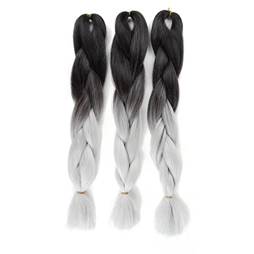Ombre Jumbo Braid Hair Extension High Temperature Fiber 3pcs/Lot 100g/pc for Twist Braiding Hair(Black to Dark Grey) …