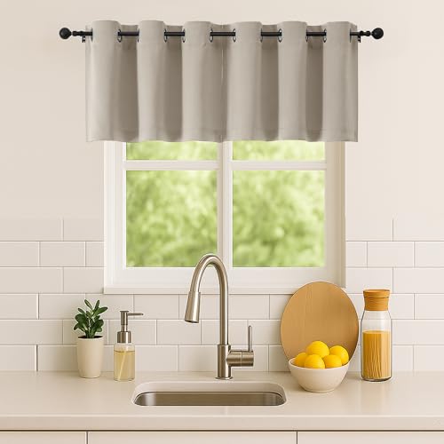 Image of Simplebrand Stone Kitchen Valances for Windows 18 Inches Long 2 Pack, Room Darkening Window Valances for Living Room, Grommet Short Straight Drape Kitchen Curtains for Bedroom Kids Room, 40Wx18L