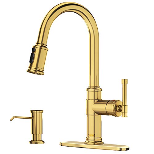 Pull Down Single Handle Kitchen Faucet High Arc, One Hole High Arc Kitchen Sink Faucets With Soap Dispenser & Deck Plate, Brushed Brass/Gold, Dayone Day136Btg #TOP6