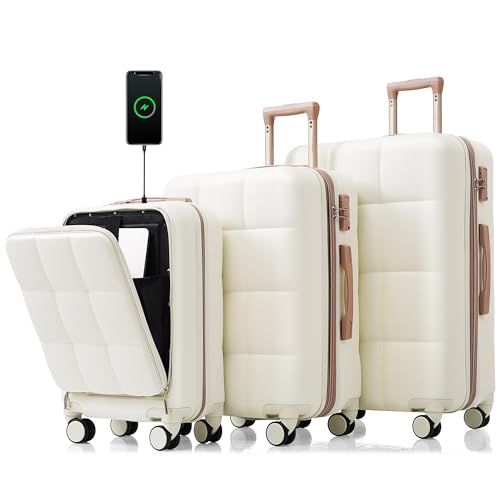 Luggage Sets 3 Piece, 20-inch with USB Port and front opening design, ABS Hard Shell Luggage with Spinner Wheels, Cup Holder, white - Main Image
