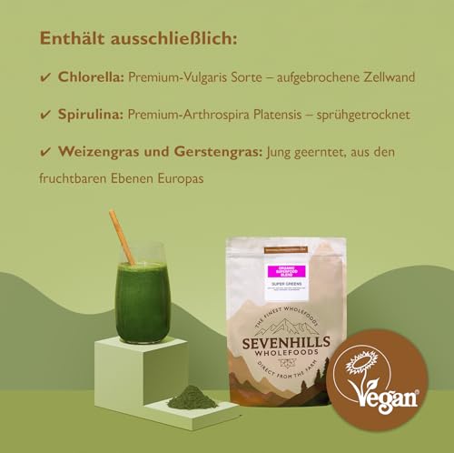 Sevenhills Wholefoods Bio-Super-Greens-Mischung mit Spirulina, Chlorella, Weizengras, Gerstengras | Unterstützt Haut, Immunität | 200g, 40 Portionen | Grünes Superfood-Pulver