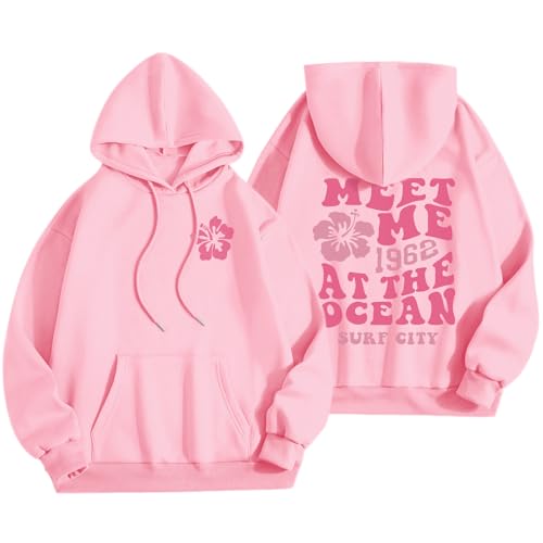 Lubpow Cute Pink Flower Hoodie for Woman Preppy Sweatshirts Trendy Puff Print Letter Graphic Hoodies Casual Pullover Tops(Pink S)