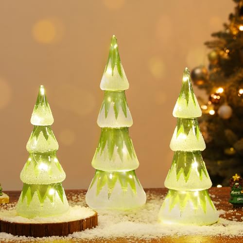 Lewondr LED Glass Christmas Tree Tabletop with Snow Cover Warm Yellow Light, 3 PCS 6H Timer Battery Operated Christmas Table Lamps Ornaments for Xmas Table Decorations Holiday Season Decor, Green
