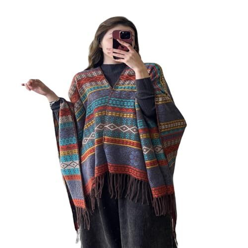 Poncho capa chal a rayas bloque de color abrigo corto de invierno 5