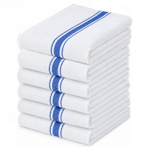 Dark White Ultra Soft Kitchen Dish Towels, 6 Pack with Blue Stripe, Premium Cotton Towels for Cooking, Drying, Cleaning, Dishes, Countertops & Everyday Household Use, Dishcloths for Home & Kitchens