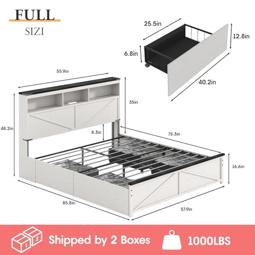 Image of Vabches Farmhouse Full Size Bed Frame with 48 inch Tall Storage Headboard, Wood Bedroom Platform Bed Frame No Box Spring Needed, 4 Storage Drawers Underneath, Adjustable LED Lights, Charging Station