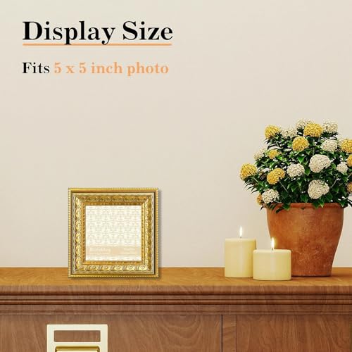 Image of VIOLABBEY 5x5 Picture Frame Gold, Vintage Photo Frame | Small Antique Ornate Frame, Square Frame for Wall or Tabletop Display,Classic Design for Home Office Decor