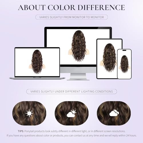 Image of Ponytail Extension, 18 to 20 inch Long Curly Wavy Claw Clip in Ponytail Hair Extensions, Jaw Clip on Pony Tails Fluffy Hairpiece for Women Daily Party Use, Brown Color with Highlights (Highlights)