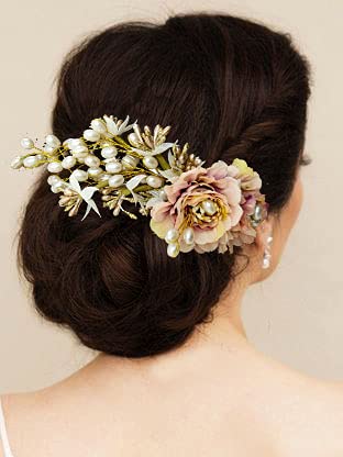 Image of Hair Flare Artificial Peony Flower with Pearl Hair Comb Slide, Hair Juda Bun Accessories, Side Hair Pin for Girls & Women, Peach, 2216