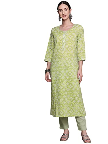 ishin Women's Cotton A-Line Printed Gotta Patti Bandhani Print Green Kurti INWKA0344_GN_S_Green Deal