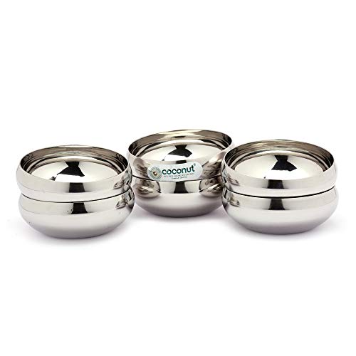 Image of coconut Stainless Steel Serving Bowl Set of 6, 150 ml Heavy Gauge Metal Bowls for Salad, Pasta, Snacks & Side Dishes, Mirror Finish Rust Resistant BPA Free Food Serving Bowls