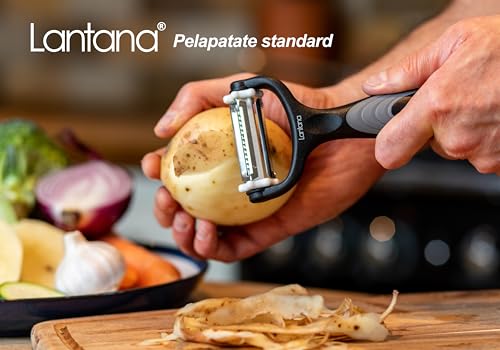 Lantana Pelapatate 3 in 1/Pelaverdura e Frutta/Affettatrice alla Julienne. 3 Peeler in 1 per Pelare Velocemente Patate, Carote e Ogni Tipo di Verdura e Frutta. Nero/Grigio/Acciaio Inossidabile - immagine 4