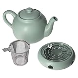  MamboCat 5-TLG. Teekanne Eucalyptus Leaf 1,5L + Deckel + Teesieb + Stövchen + Gitter I Mintgrün-Pastell I Denmark-Design I Steingut