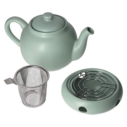 MamboCat 5 piezas. Juego de tetera Eucalyptus Leaf de 1,5 litros, con tapa, colador de té, calientaplatos, color verde menta y pastel, diseño Denmark Cover