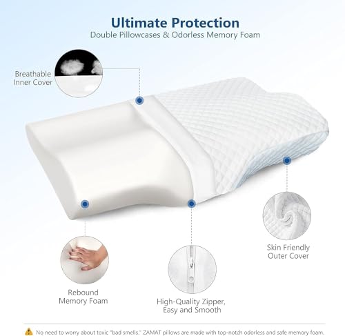 Image of Cervical Contour Memory Foam Pillow for Sleeping,Orthopedic Pillow for Neck Pain, Support for Back,Stomach,Side Sleepers, with Breathable Zip Cover (19X12X4INCH) (White) (Curve White)