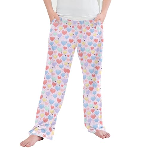 Hearts Long Pajama Pants Elastic Waist PJ Bottoms with Pockets S A113043