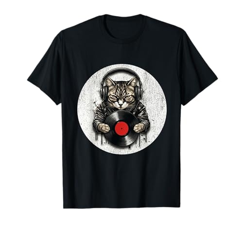 DJ Cat con Disco de Vinilo, diseño de Amante de la música Retro Camiseta