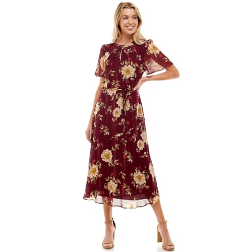 june & hudson Wine Chiffon Midi Dress with Floral Taupe Pattern, Short Flutter Sleeves, Burgundy A-Line Dress, Tie Neck2