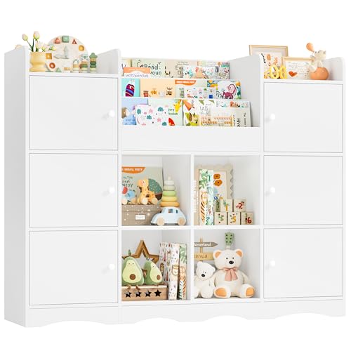 FOREHILL Estantería de Almacenamiento de Juguetes de 3 Niveles para Niños, Estanteria Montessori para Niños con 6 Puertas, 4 Estantes Abiertos para Dormitorios Guardería, Blanco 140x30x106cm