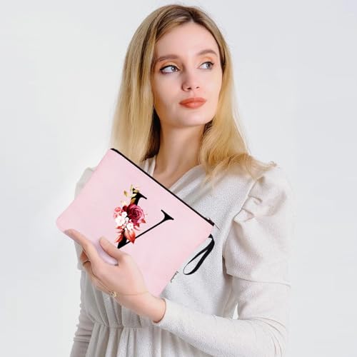 Image of Vavabox A-Z Personalized Makeup Bag, Birthday Gifts for Women Mom, Gifts for Best Friend, Bride Bridesmaid Cosmetic bag (V, 06-Pink)