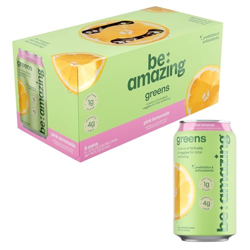 Be Amazing Greens Drink, Pink Lemonade, Vitamin Drinks With 10 Organic Fruits and Vegetables, Coconut Water, Vitamin C, and Prebiotic Fiber, 25 Calories, Low Sugar, Vegan and Gluten Free, 8 Pack