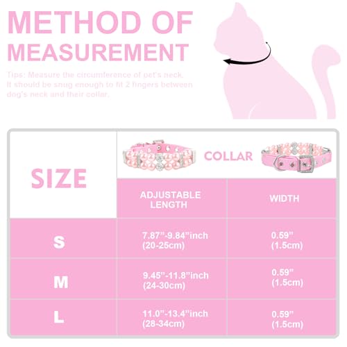 Image of HOWWFALY Dog Cat Pearl Collars with Crystal Rhinestone PU Leather Collars Necklace Adjustable CollarDog Chain Cat White Pearl Pet Collar(Pink, Small)