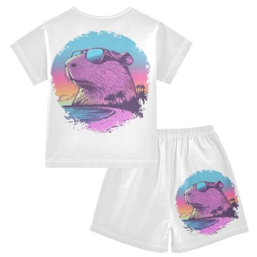 Capybara Sunglasses Palms Pajama Set Short Sleeve PJS 2 Piece Summer Pajamas Shorts Sets Cotton 5Y2