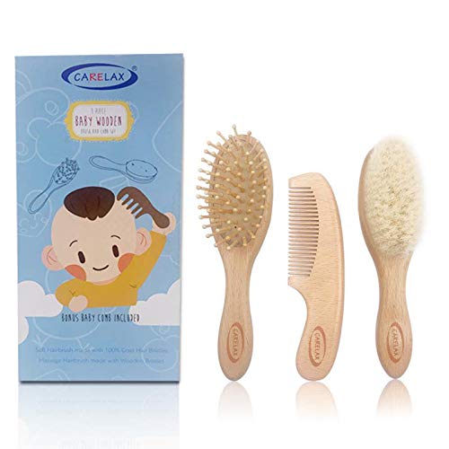 Carelax 3-Piece Baby Hair Brush and Comb Set for Cradle Cap Baby Shower Registry Soft Natural Goat Bristles Wooden Massaging Detangling Baby Brush Baby Essentials Infant Gift- Newborns and Toddlers