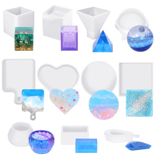 KISREL Resin Molds Kit 12PCS, Epoxy Resin Silicone Molds, Resin Mold Including Cube, Pen Container, Pyramid, Tray, Love, Round, Square, Ball, Flowerpot, Cuboid, Crystal