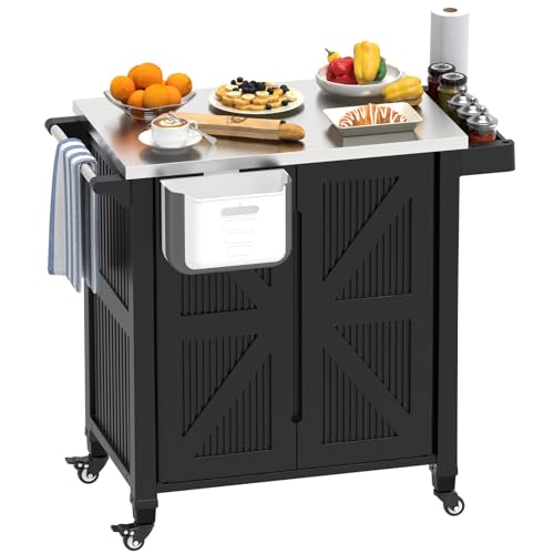 evixor Outdoor Grill Cart with Stainless Steel Tabletop Outdoor Kitchen Island with Storage Cabinet Grill Cart with Folding Trash Can 4 Wheels (2 Lockable) for Patio Backyard Garden and Poolside