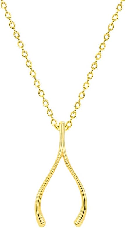 Jewelry America Solid 14k Yellow Gold Good Luck Wishbone Protection Necklace with Lobster Claw Clasp (16" to 18" Adjustable Chain)