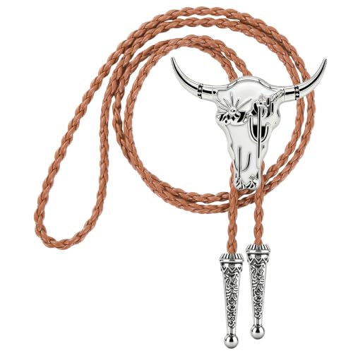 Image of GelConnie Bola Tie for Men White Longhorn Skull Western Cowboy Tie Cord | White Western Skull Bolo Tie with Cactus Motif, Adjustable Faux Leather Cord for Bola Tie for Men and Country Wedding Attire
