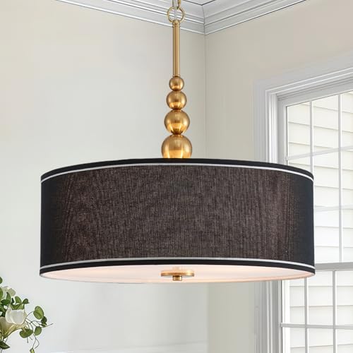 Lustre tambour de luxe en lin noir et tige dorée SHRINE D50 cm