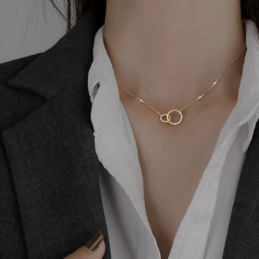 14K Gold Over S925 Sterling Silver Intertwined Circle Necklace, Moissanite Double Circle Pendant Necklace, Beautiful Jewelry Gifts For Women2