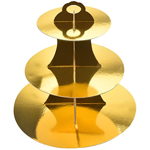 Fangehong Alzata per Torta in Cartone, 3 Ripiani Cupcake Supporti per tè Pomeridiano, Espositore per Dolci e Cupcake per Frutta, Cibo,Crostata Uova,Forniture Feste di Compleanno (Oro)