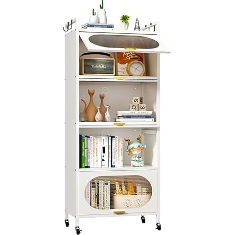 Jazipic Kitchen Pantry Storage Cabinet with 4 Translucent Upward Flip PC Doors, Metal Storage Cabinet with 4 Universal Wheels, 5-Tier Bathroom Storage Cabinet for Living Room, Kitchen (White) Cover