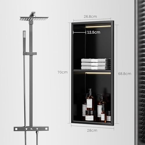 Colonne de douche LED noir mat en acier inoxydable 70x28 cm moderne avec étagère intégrée