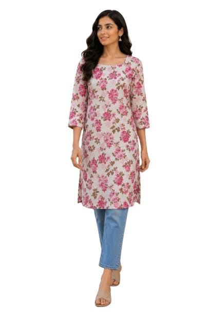 Image of Women's Floral Print Straight Kurta, 3 /4 Sleeves, Pink