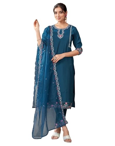 Image of SIRIL Women's Rayon Viscose Sequence Embroidery Work Straight Kurta Pant with Dupatta Set