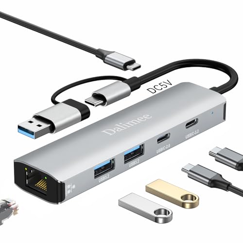 Dalimee USB Hub 3.2, 6 in 2 USB C Hub with 2*USB3.2, USBC3.2, Gigabit Ethernet and Power Type C, Docking Station for MacBook, iPad, iPhone and Other Type-C and Type A Devices