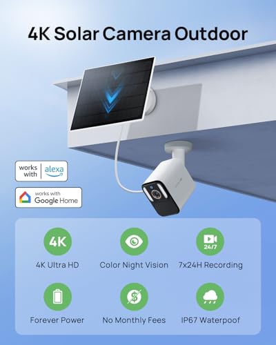 Image of Anona Aurora 4K Solar Security Cameras Wireless Outdoor, Forever Power with Solar Panel, 8MP Color Night Vision, 24 /7 AOV Recording, No Monthly Fees, AI Detection, Easy Setup, 2.4 GHz Wi-Fi, IP67