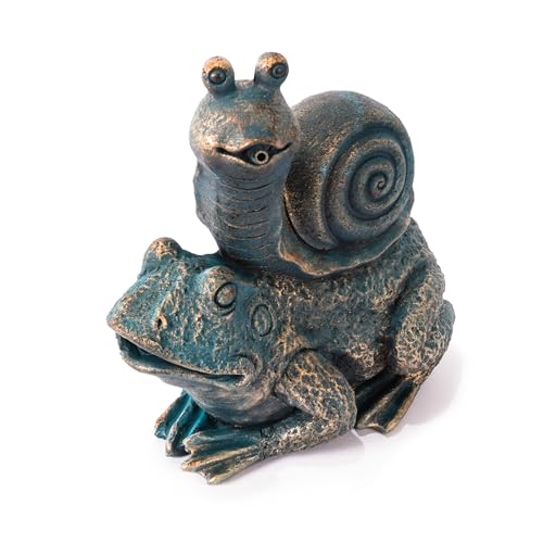 Esotec Wasserspeier-Figur Schnecke auf Frosch Max & Moritz, Einzelfigur mit Schlauch, Altkupfer-Design, Brunnenfigur, Wasserspiel für Wannen Miniteich oder Gartenteich, Quellstein, Polyresin 100774