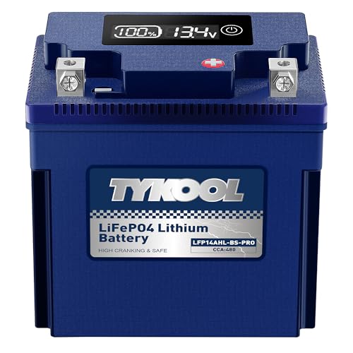Image of TYKOOL LFP14AHL-BS-PRO Lithium Battery, 480CCA 8Ah, Replaces YTX14AHL-BS, Fits for Motorcycle ATV Snowmobile Scooter, Compatible with Moto Guzzi V7 Royal Enfield Arctic Cat, Digital Readout [- +]