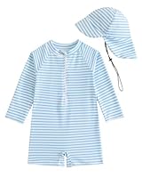UV Kleidung Baby Badeanzug mit Hut Gr 62-98, Langarm UV Schutzkleidung Schwimmanzug Baby Mädchen Junge, Kleinkind Einteiliger UV Badebekleidung Shirt, Blau Streifen 1-2 Jahre/80-86