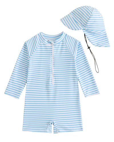 UV Kleidung Baby Badeanzug mit Hut Gr 62-98, Langarm UV Schutzkleidung Schwimmanzug Baby Mädchen Junge, Kleinkind Einteiliger UV Badebekleidung Shirt, Blau Streifen 1-2 Jahre/80-86