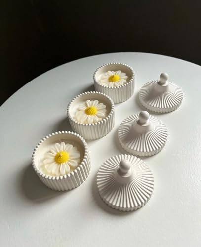 Image of Daisy Flower Scented Candle Set, Decorative White Ceramic Jars with Lids, Floral Design, Home Decor Accessories, 3 Pack